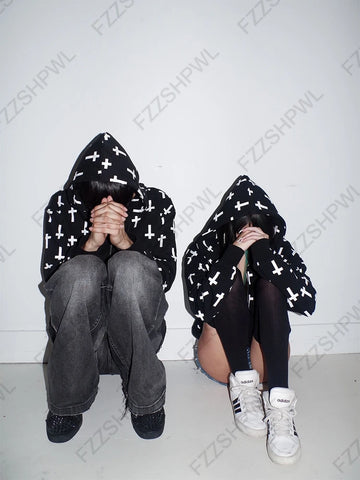Nu Goth All-Over Cross Print Zip-Up Tshirt Hoodie
