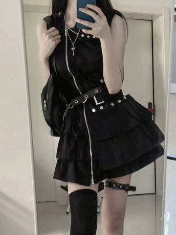 Goth Zipper Tiered Mini Dress in Midnight Black