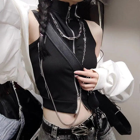 Cyber Goth Double-Zip Ribbed Crop Top