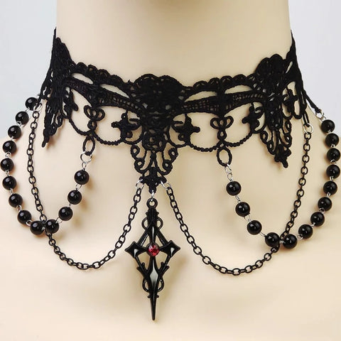 Victorian Goth Crimson Requiem Lace & Chain Necklace