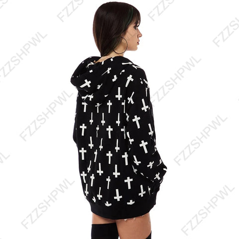 Nu Goth All-Over Cross Print Zip-Up Tshirt Hoodie