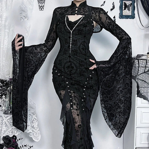 Victorian Goth Damask Flare-Sleeve Cropped Blouse