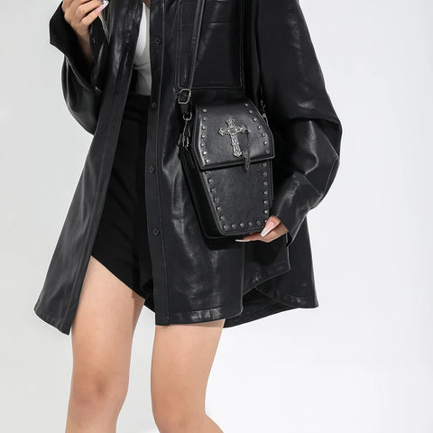 Goth Coffin Cross Rivet Crossbody Bag