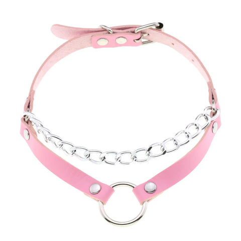 Pastel Goth Pink Leather O-Ring Choker Necklace Collection
