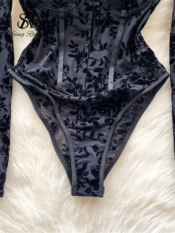 Victorian Goth Velvet Rose Corset Bodysuit Blouse