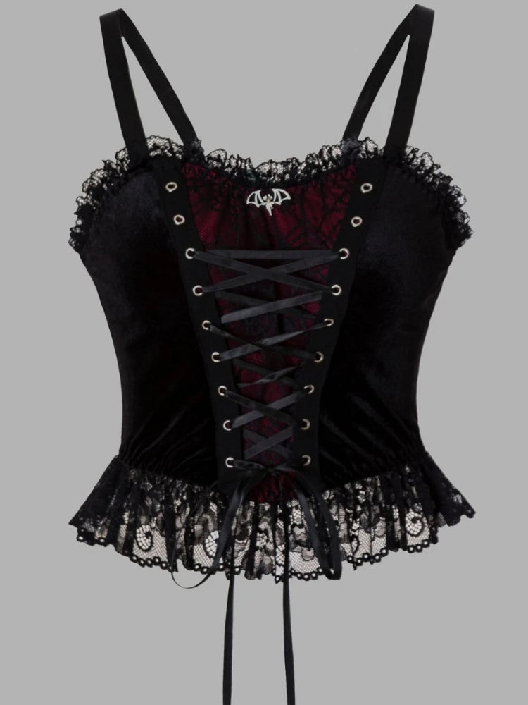 Victorian Goth Crimson Bat Lace-Up Corset Top