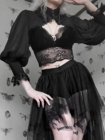 Victorian Goth Midnight Lace Lantern Sleeve Crop Top