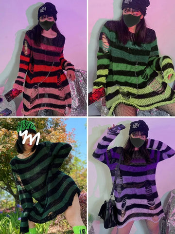 Goth Distressed Rainbow Stripe Oversized Sweater