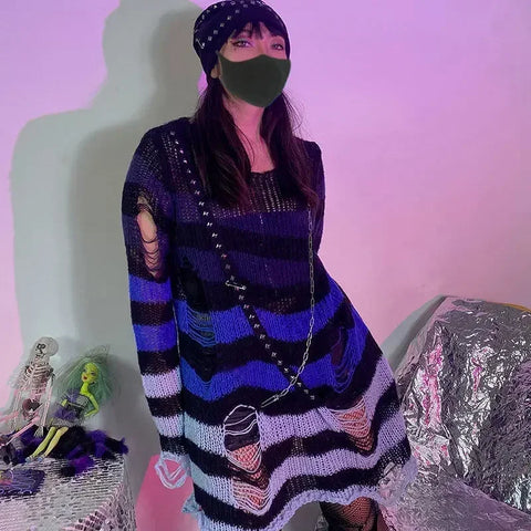 Goth Distressed Rainbow Stripe Oversized Sweater