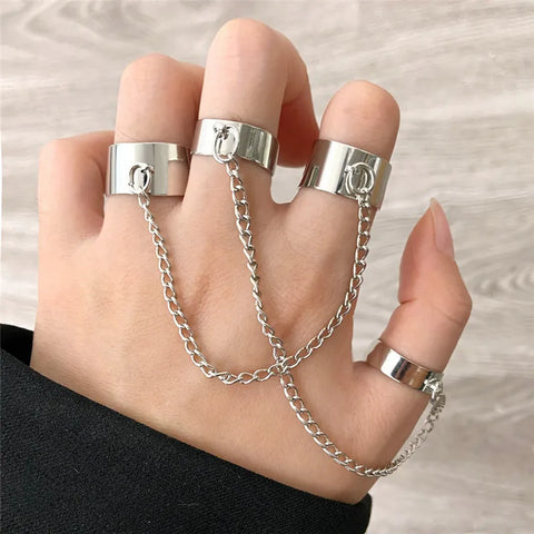 Goth Silver Chain Hand Harness Ring Set
