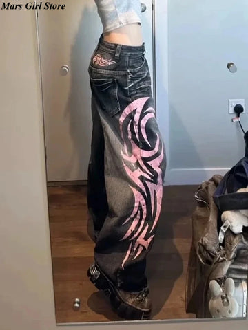 Goth Tribal Flame Wide-Leg Trousers in Washed Black & Pink