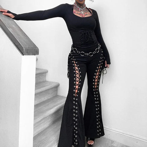 Goth Lace-Up Corset Flare Pants in Blackout