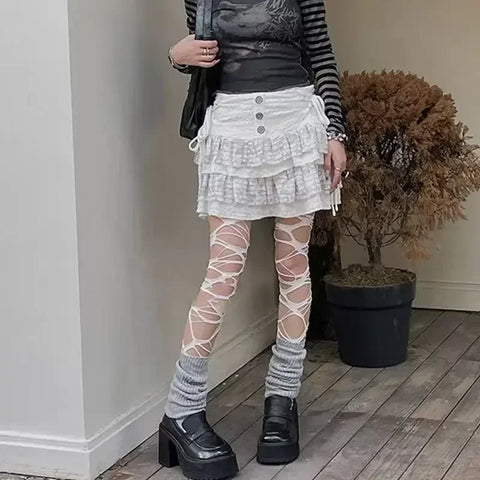 Goth Shredded Web Tights Sock — Black & White