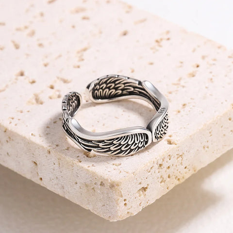 Goth Folded Angel Wings Silver Open Ring
