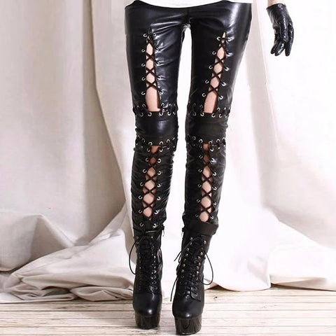 Goth Lace-Up Faux Leather Pants with Eyelet Cut-Out Detail