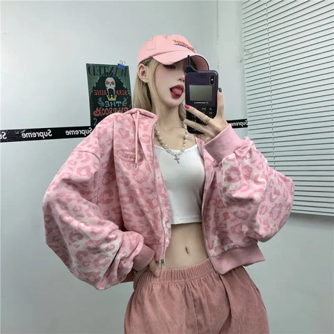 Pastel Goth Pink Leopard Zip-Up Oversized Cardigan