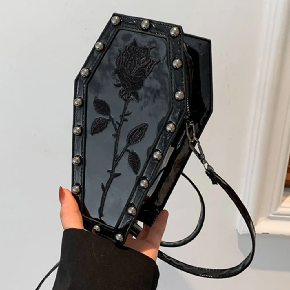 Goth Coffin Rose Embroidered Crossbody Bag