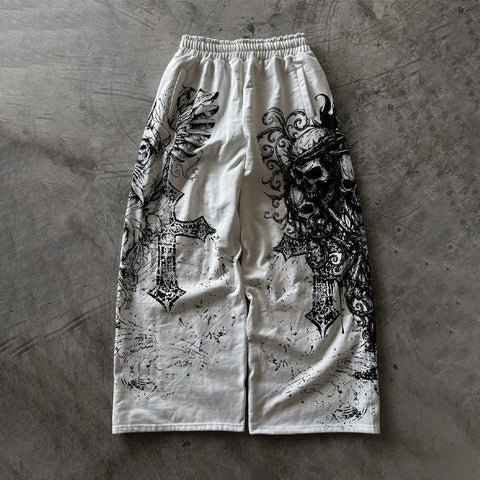 Goth Winged Skull Graphic Wide-Leg Pants