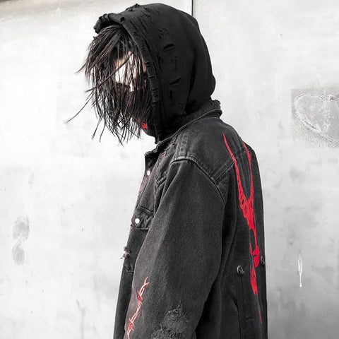 Goth Horned Skull Distressed Denim Coat