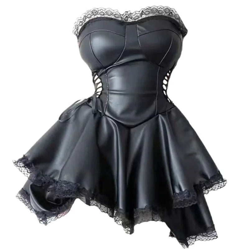 Goth Corset Lace-Up Faux Leather Mini Dress
