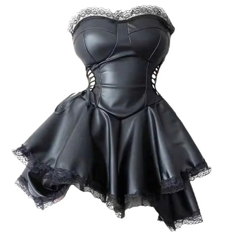 Goth Corset Lace-Up Faux Leather Mini Dress