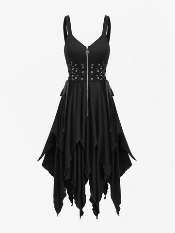 Goth Midnight Handkerchief Hem Dress with Grommet Corset Band