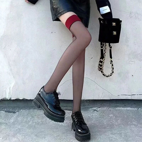 Goth Thigh-High Sheer Sock — Lace, Velvet Band & Crimson Edge