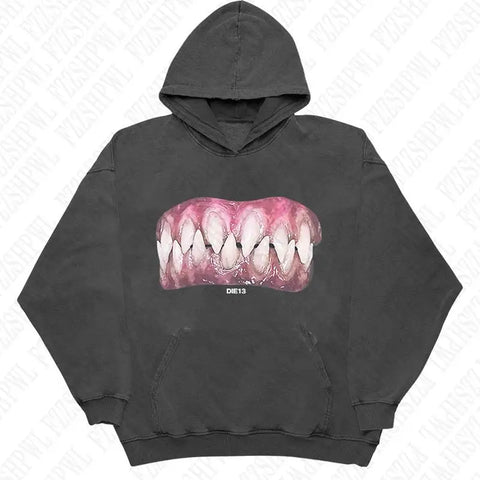 Goth DIE13 Bare Teeth Graphic Hoodie Tshirt