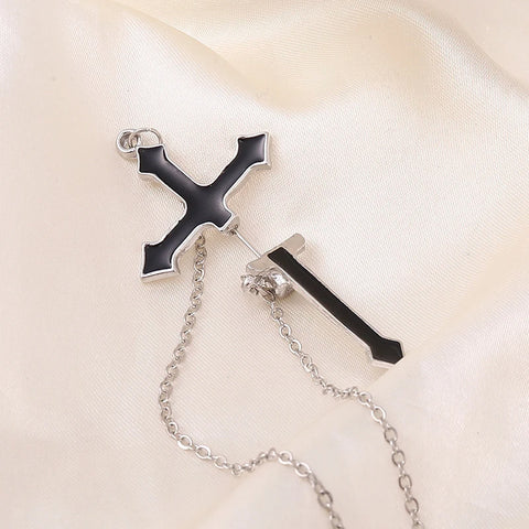 Goth Dual Cross Chain Ear Cuff Earring Set