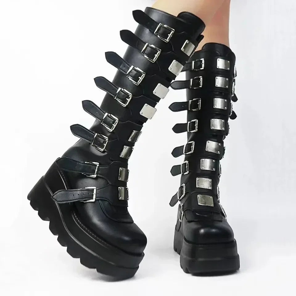 Goth Seven-Buckle Platform Knee Boot