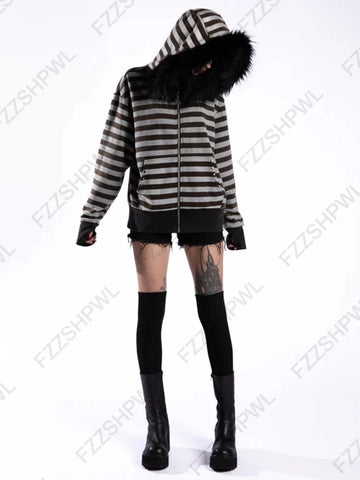 Goth Faux Fur Hood Striped Zip-Up Tshirt