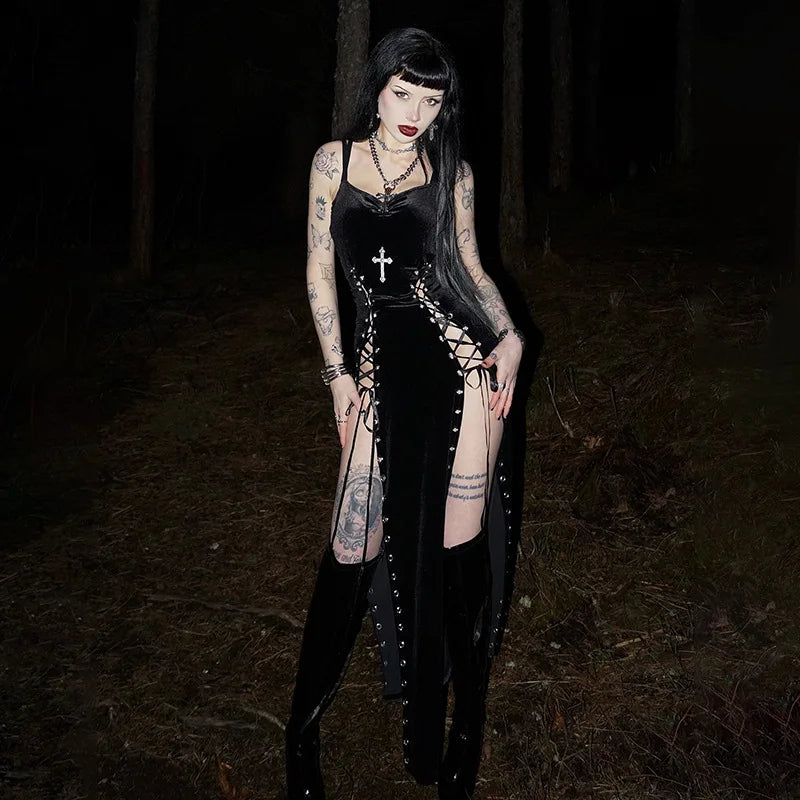 Goth Velvet Cross Lace-Up Split Dress