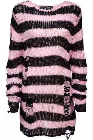 Goth Distressed Rainbow Stripe Oversized Sweater