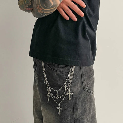 Mall Goth Triple Cross Chain Pants — Layered Silver Altar