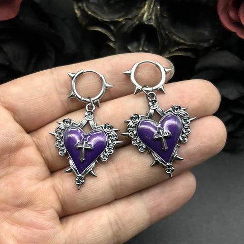 Goth Sacred Thorn Heart Cross Drop Earring