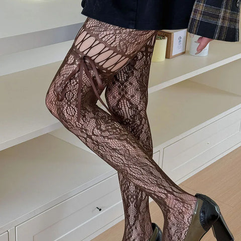 Victorian Goth Plum Lace Bow Thigh-High Sock