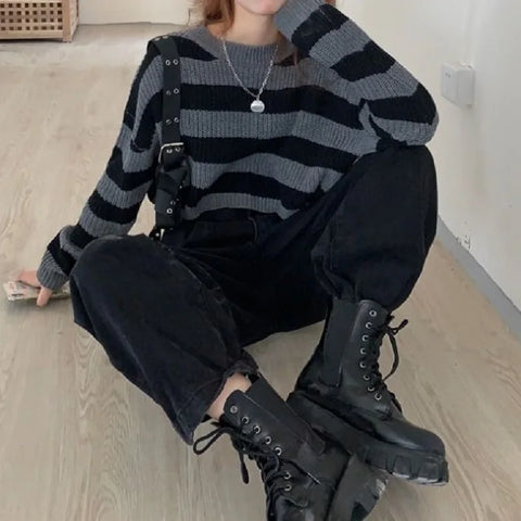 Goth Monochrome Stripe Cropped Knit Top