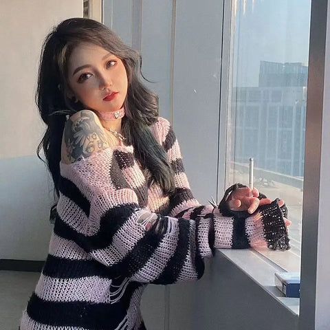 Goth Distressed Rainbow Stripe Oversized Sweater