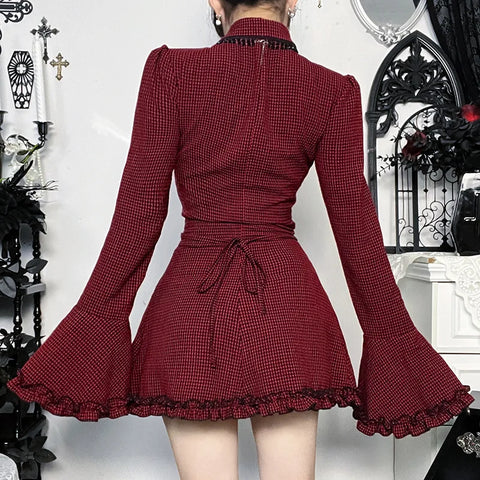Victorian Goth Crimson Houndstooth Ruffle Dress