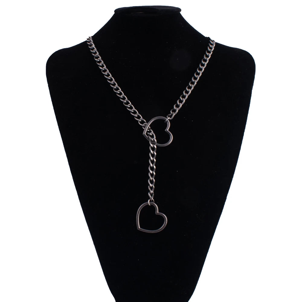 Goth Double Heart Lariat Chain Necklace