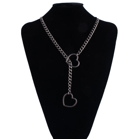 Goth Double Heart Lariat Chain Necklace