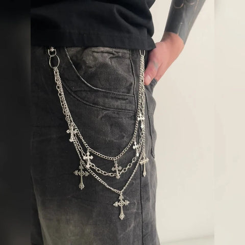 Mall Goth Triple Cross Chain Pants — Layered Silver Altar
