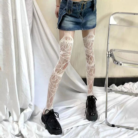 Goth Cobweb & Bat Thigh-High Mesh Stockings