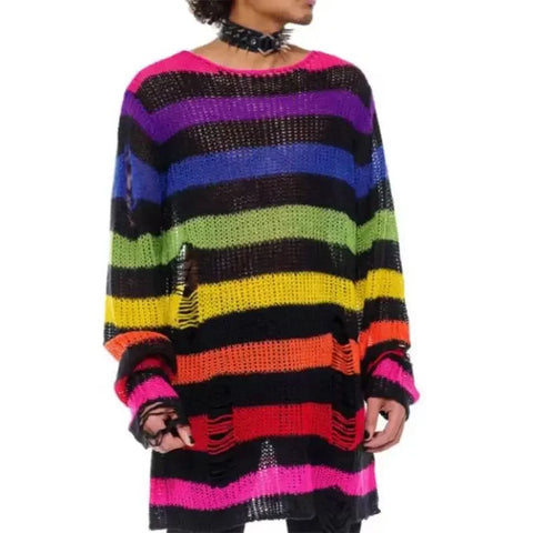 Pastel Goth Violet Striped Destroyed Knit Sweater