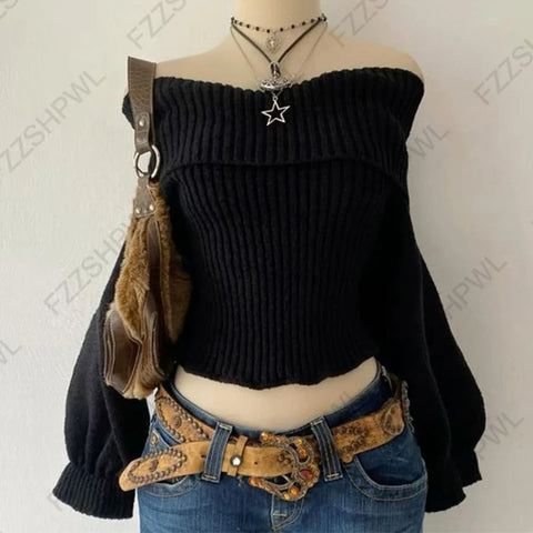 Goth Off-Shoulder Ribbed Knit Sweater in Midnight Black