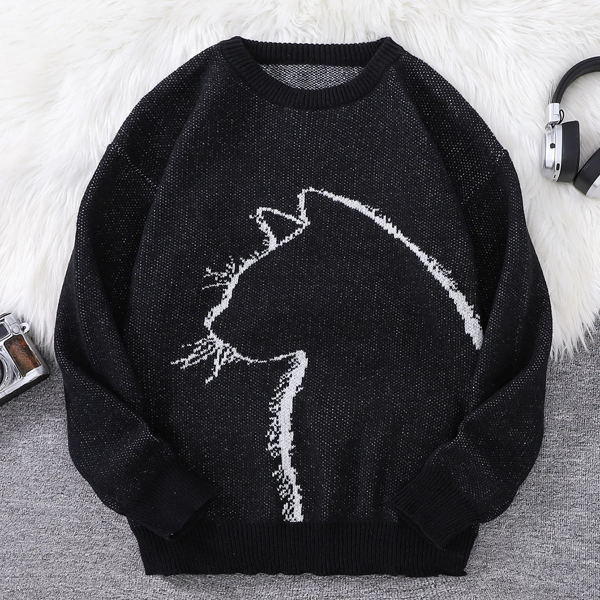 Nu Goth Howling Cat Jacquard Knit Sweater
