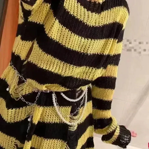 Goth Bloodline Stripe Hollow Knit Sweater