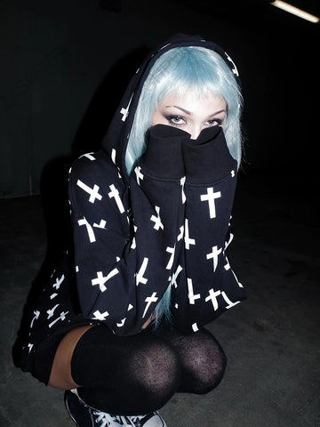 Nu Goth All-Over Cross Print Zip-Up Tshirt Hoodie