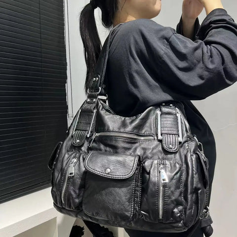 Goth Worn-Black Multi-Pocket Slouch Bag