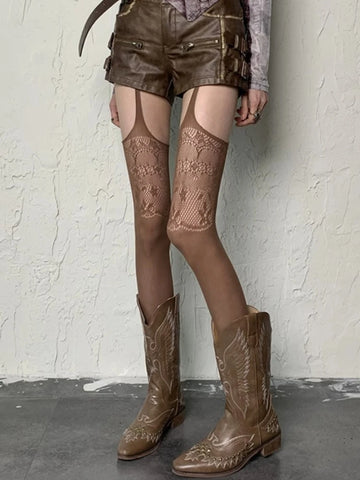 Goth Floral Fishnet Suspender Illusion Thigh-High Stockings